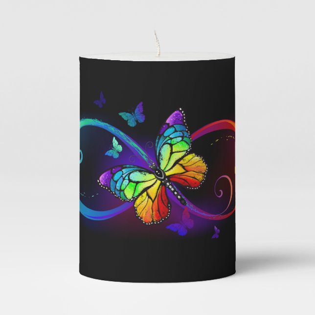 Vibrant infinity with rainbow butterfly on black pillar candle (Front)