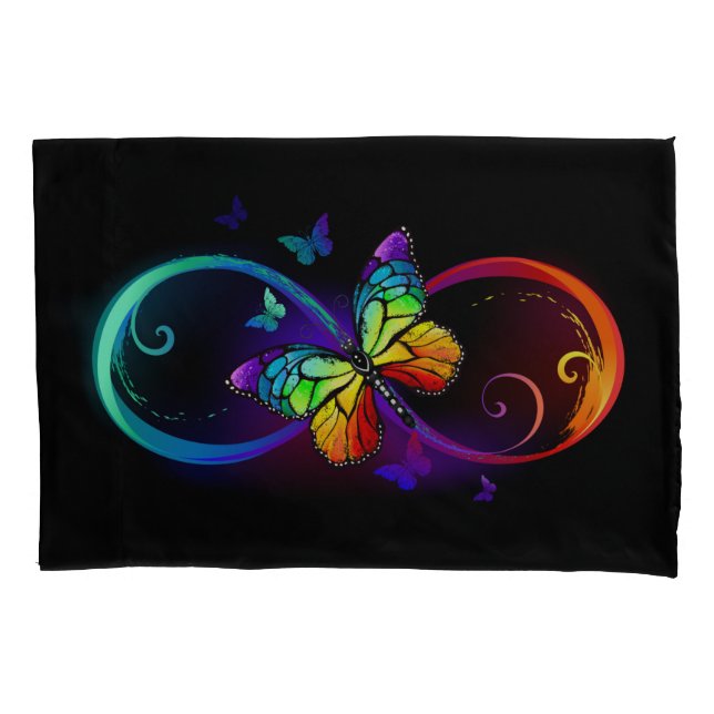 Vibrant infinity with rainbow butterfly on black pillow case (Front)