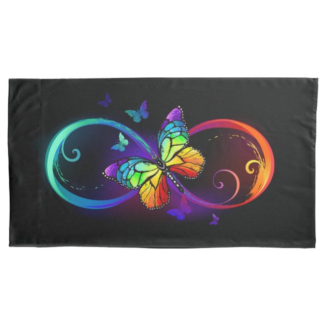 Vibrant infinity with rainbow butterfly on black pillow case (Front-Left)