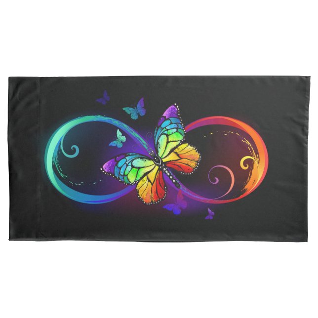 Vibrant infinity with rainbow butterfly on black pillow case (Front)