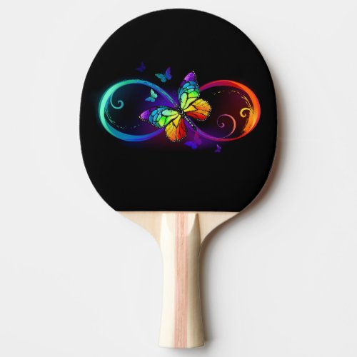 Vibrant infinity with rainbow butterfly on black ping pong paddle