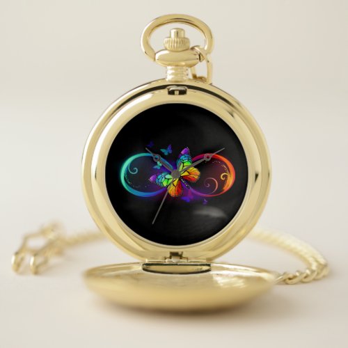 Vibrant infinity with rainbow butterfly on black pocket watch