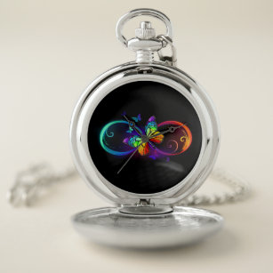 Vibrant infinity with rainbow butterfly on black pocket watch
