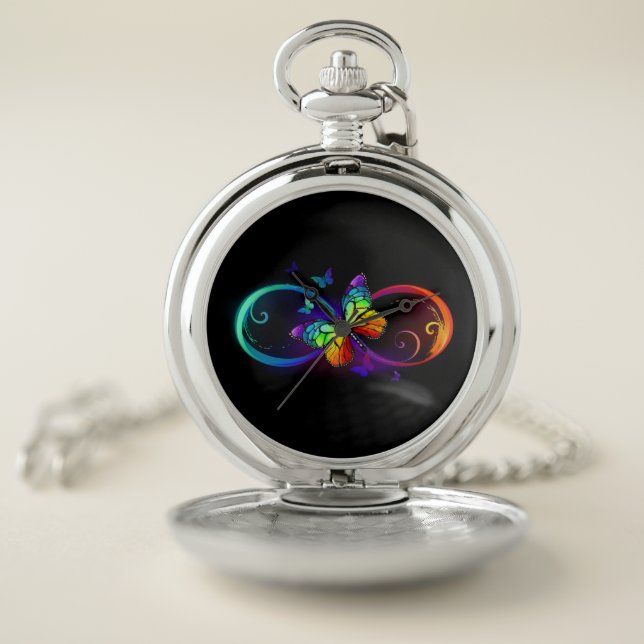 Vibrant infinity with rainbow butterfly on black pocket watch (Inside)