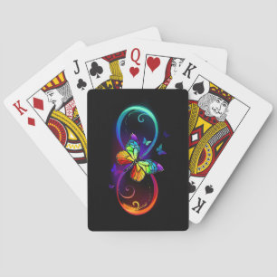 Vibrant infinity with rainbow butterfly on black poker cards