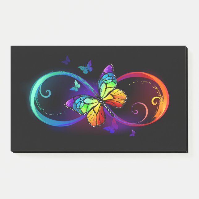 Vibrant infinity with rainbow butterfly on black post-it notes (Front)