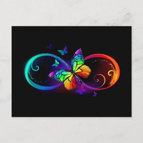 Vibrant infinity with rainbow butterfly on black postcard