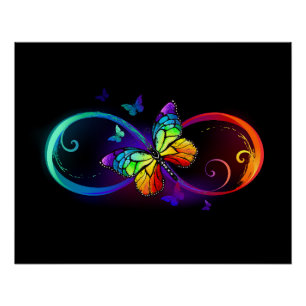 Vibrant infinity with rainbow butterfly on black poster