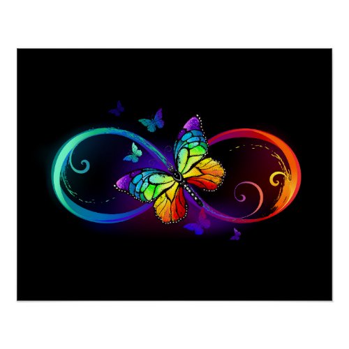 Vibrant infinity with rainbow butterfly on black poster