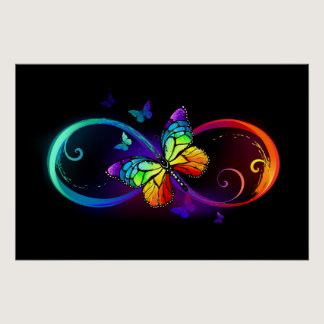 Vibrant infinity with rainbow butterfly on black poster