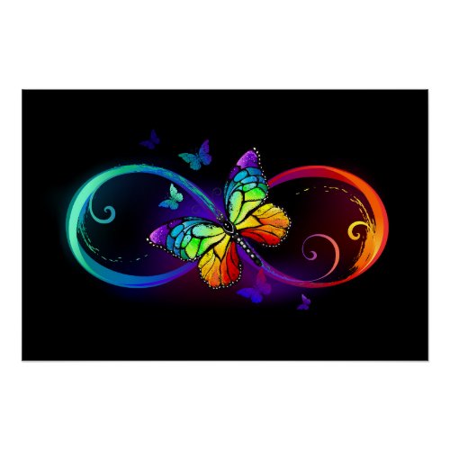 Vibrant infinity with rainbow butterfly on black poster