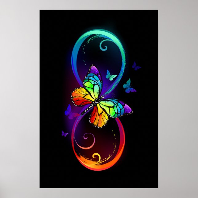 Vibrant infinity with rainbow butterfly on black poster (Front)