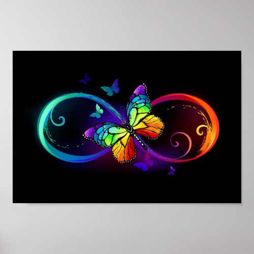 Vibrant infinity with rainbow butterfly on black poster