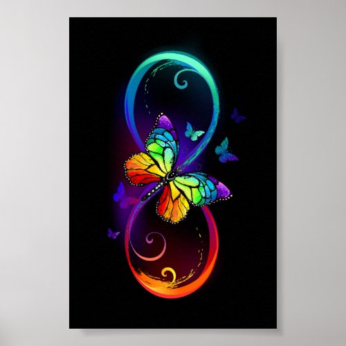 Vibrant infinity with rainbow butterfly on black  poster