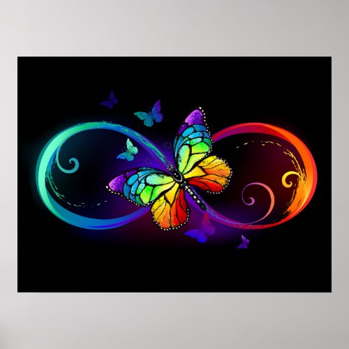 Vibrant infinity with rainbow butterfly on black poster