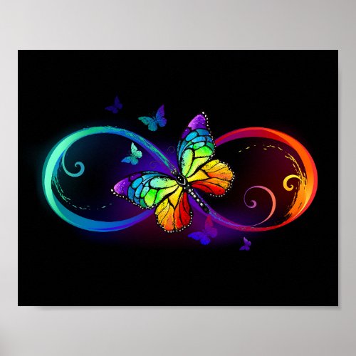 Vibrant infinity with rainbow butterfly on black poster