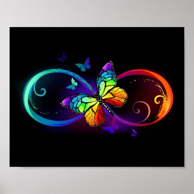 Vibrant infinity with rainbow butterfly on black poster (Front)