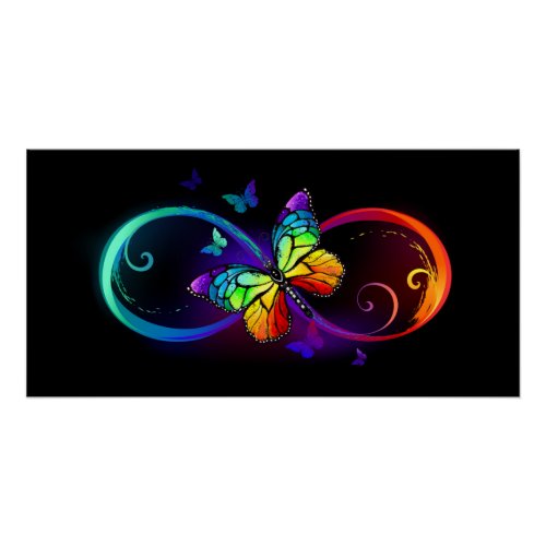 Vibrant infinity with rainbow butterfly on black poster