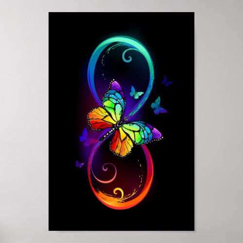 Vibrant infinity with rainbow butterfly on black poster