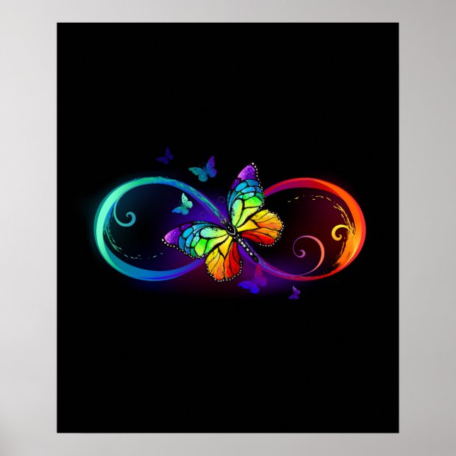 Vibrant infinity with rainbow butterfly on black poster (Front)