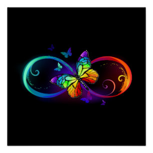 Vibrant infinity with rainbow butterfly on black poster