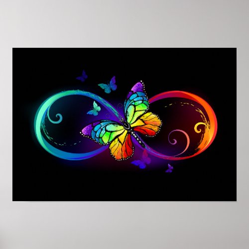 Vibrant infinity with rainbow butterfly on black poster