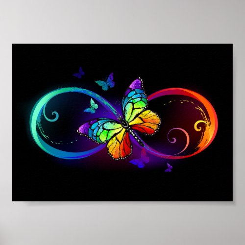 Vibrant infinity with rainbow butterfly on black poster