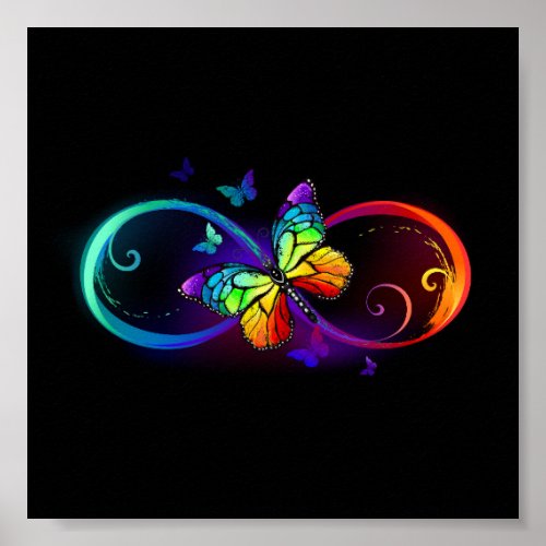 Vibrant infinity with rainbow butterfly on black poster