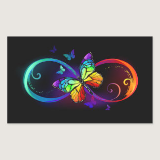 Vibrant infinity with rainbow butterfly on black rectangular sticker