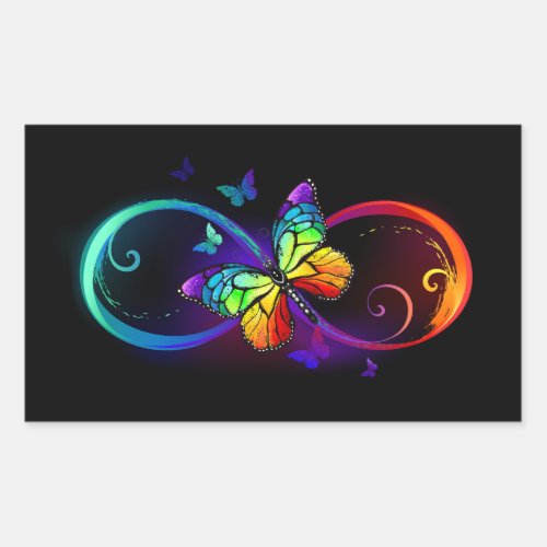 Vibrant infinity with rainbow butterfly on black rectangular sticker