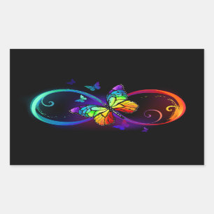 Vibrant infinity with rainbow butterfly on black rectangular sticker