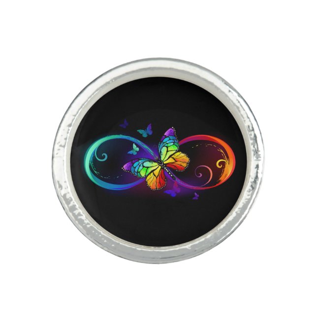 Vibrant infinity with rainbow butterfly on black ring (Front)