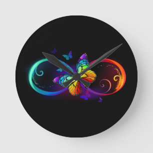Vibrant infinity with rainbow butterfly on black  round clock