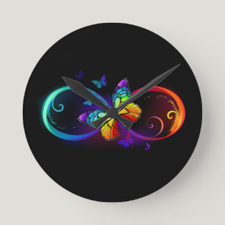 Vibrant infinity with rainbow butterfly on black  round clock