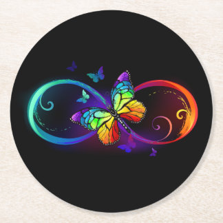 Vibrant infinity with rainbow butterfly on black round paper coaster