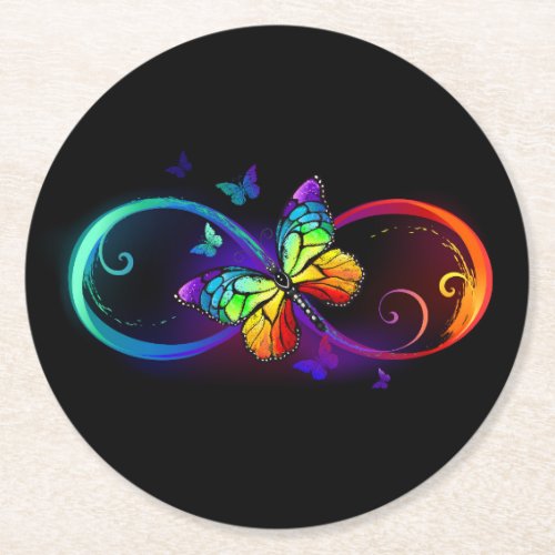 Vibrant infinity with rainbow butterfly on black round paper coaster