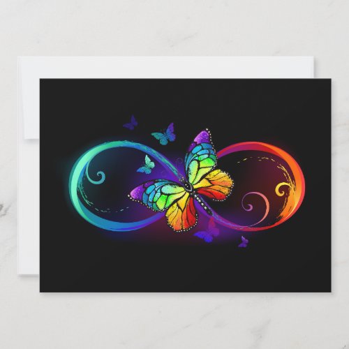 Vibrant infinity with rainbow butterfly on black save the date