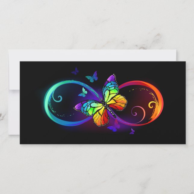 Vibrant infinity with rainbow butterfly on black  save the date (Front)