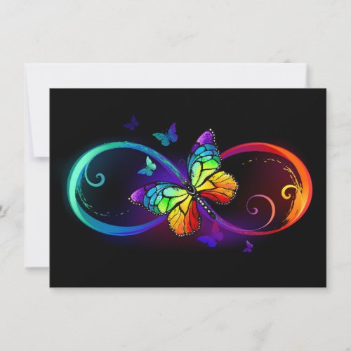 Vibrant infinity with rainbow butterfly on black save the date