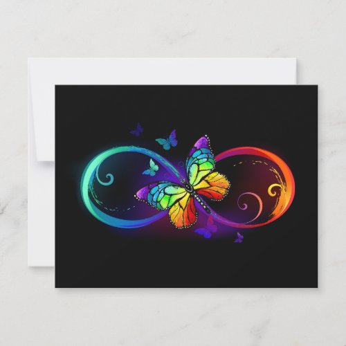 Vibrant infinity with rainbow butterfly on black save the date