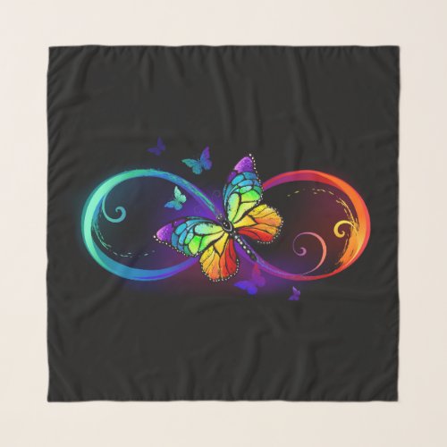 Vibrant infinity with rainbow butterfly on black scarf