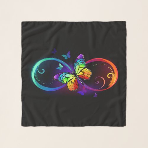 Vibrant infinity with rainbow butterfly on black scarf