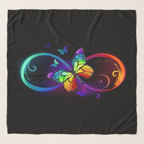 Vibrant infinity with rainbow butterfly on black scarf