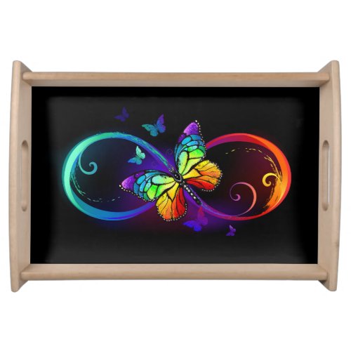 Vibrant infinity with rainbow butterfly on black serving tray