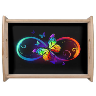 Vibrant infinity with rainbow butterfly on black serving tray