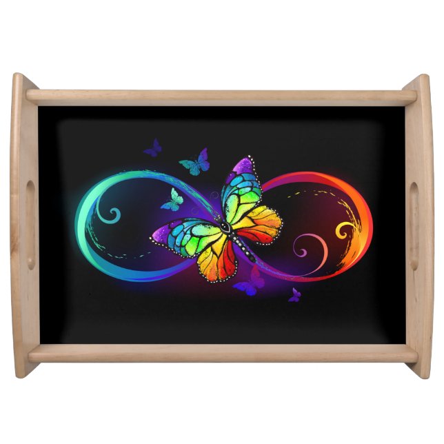 Vibrant infinity with rainbow butterfly on black serving tray (Front)
