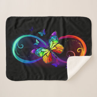 Vibrant infinity with rainbow butterfly on black  sherpa blanket