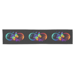 Vibrant infinity with rainbow butterfly on black short table runner