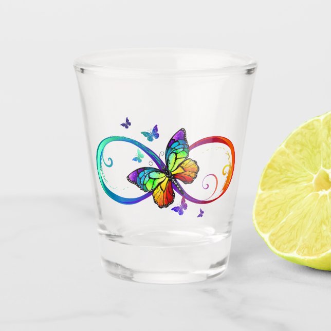 Vibrant infinity with rainbow butterfly on black  shot glass (Front)