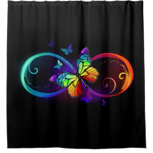 Vibrant infinity with rainbow butterfly on black  shower curtain